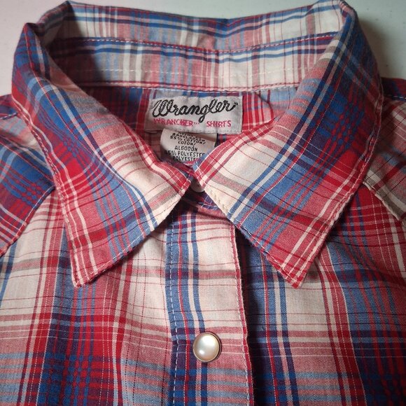 Wrangler Wrancher Shirt Women XL Western Pearl Snap Red Blue Plaid Rodeo Ranch - Picture 13 of 14